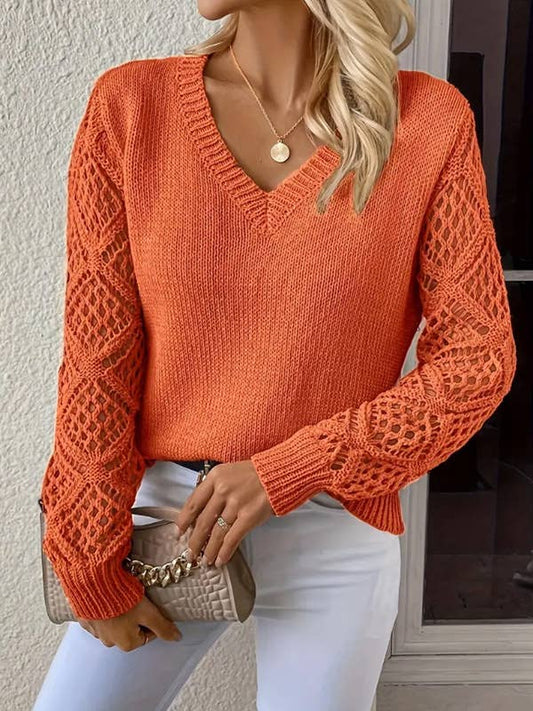 Women's Casual V-Neck Long Sleeve Hollow Knitted Sweater