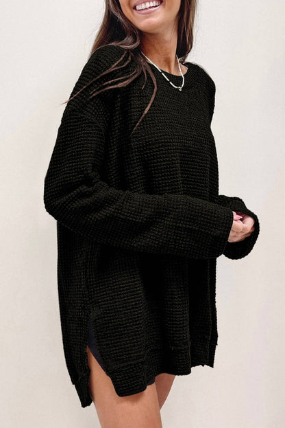 Waffle Knit High Slits Oversized Top