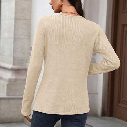 Pure Color Button Neck Pullover | Casual Long Sleeve Top